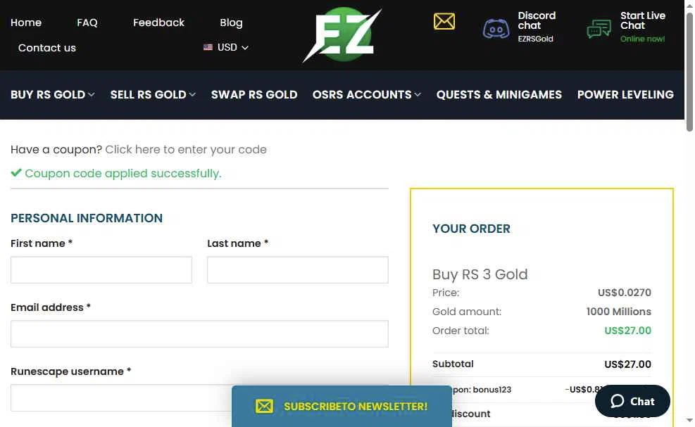 EZRSGold checkout page showing EZRSGold discount code box | Screenshot taken by SimplyCodes community member on Dec 16, 2025