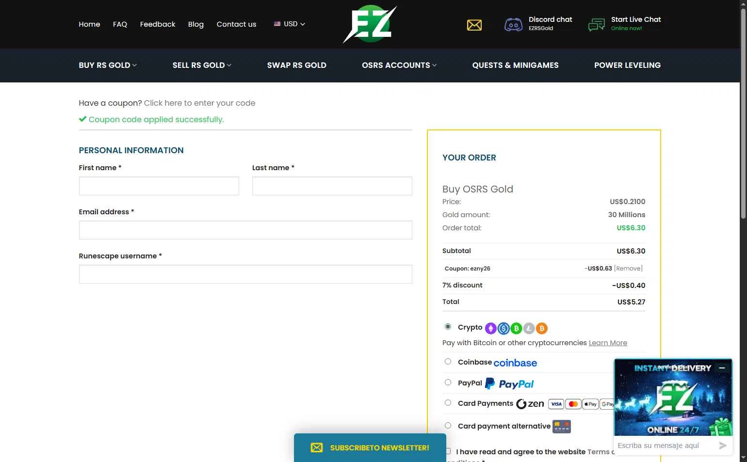 EZRSGold checkout page showing EZRSGold discount code box | Screenshot taken by SimplyCodes community member on Jan 3, 2026