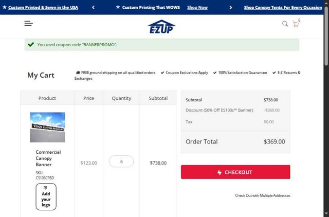 E-Z UP checkout page showing E-Z UP discount code box | Screenshot taken by SimplyCodes community member on Sep 5, 2025