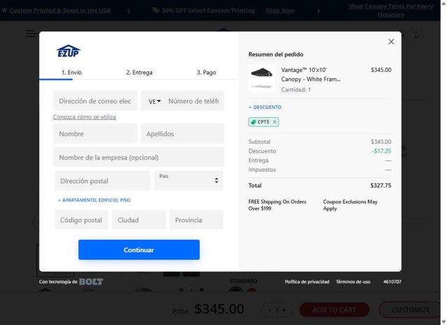E-Z UP checkout page showing E-Z UP discount code box | Screenshot taken by SimplyCodes community member on Aug 9, 2025