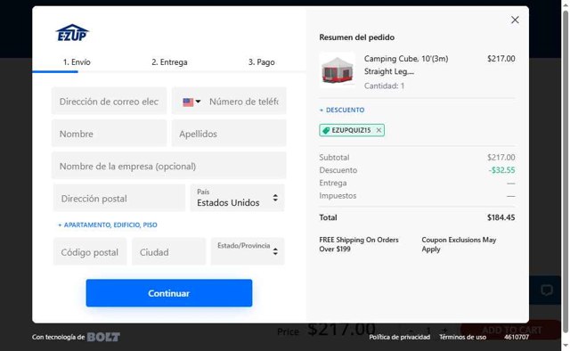 E-Z UP checkout page showing E-Z UP discount code box | Screenshot taken by SimplyCodes community member on Aug 11, 2025
