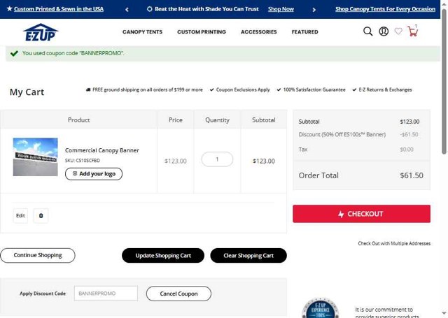 E-Z UP checkout page showing E-Z UP discount code box | Screenshot taken by SimplyCodes community member on Aug 14, 2025