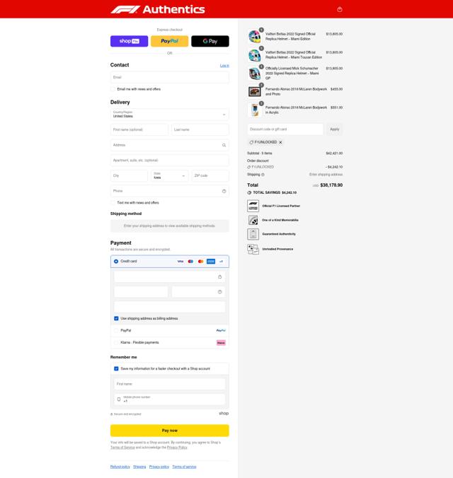 F1 Authentics checkout page showing F1 Authentics discount code box | Screenshot taken by SimplyCodes community member on Aug 22, 2025
