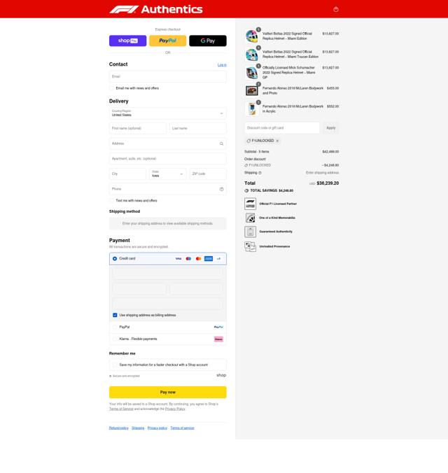 F1 Authentics checkout page showing F1 Authentics discount code box | Screenshot taken by SimplyCodes community member on Aug 17, 2025
