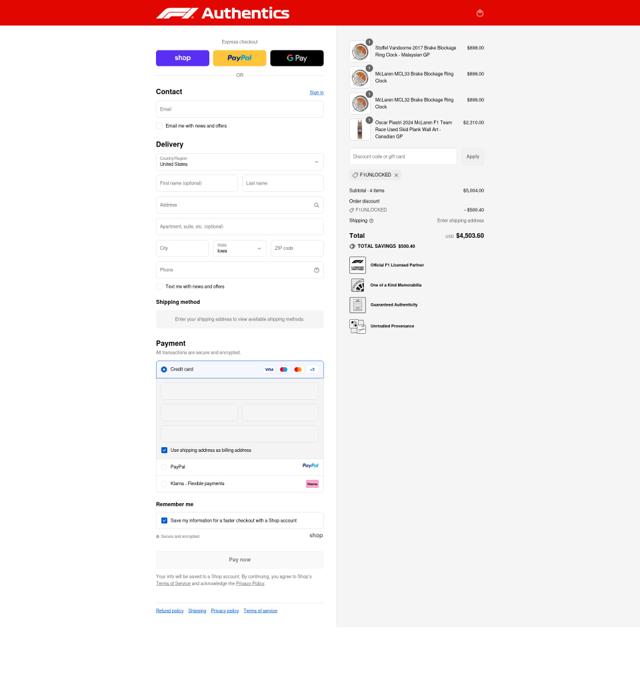 F1 Authentics checkout page showing F1 Authentics discount code box | Screenshot taken by SimplyCodes community member on Sep 12, 2025