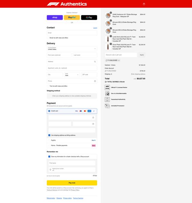 F1 Authentics checkout page showing F1 Authentics discount code box | Screenshot taken by SimplyCodes community member on Aug 30, 2025