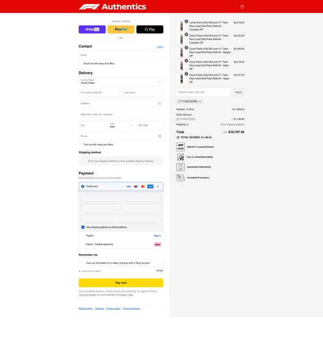 F1 Authentics checkout page showing F1 Authentics discount code box | Screenshot taken by SimplyCodes community member on Aug 26, 2025