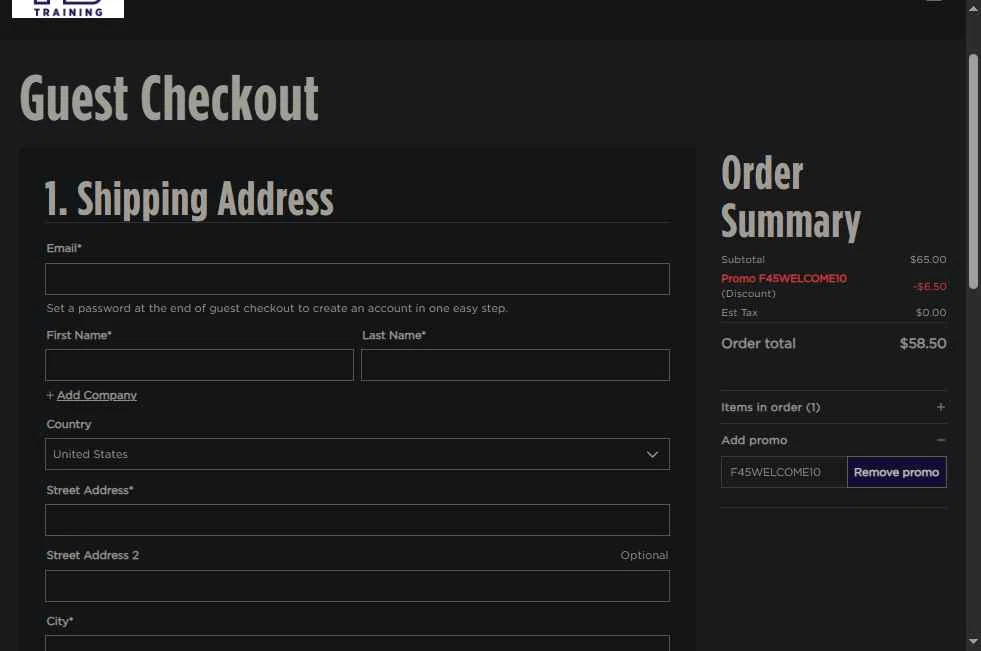 F45 Training checkout page showing F45 Training promo code box | Screenshot taken by SimplyCodes community member on Sep 9, 2025