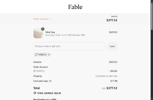 Fable Home checkout page showing Fable Home discount code box | Screenshot taken by SimplyCodes community member on Aug 17, 2025