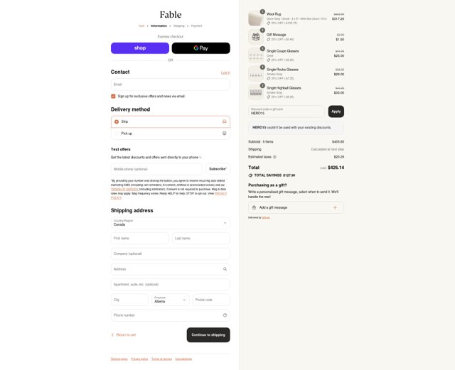 Fable Home checkout page showing Fable Home discount code box | Screenshot taken by SimplyCodes community member on Aug 30, 2025