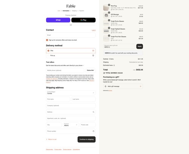 Fable Home checkout page showing Fable Home discount code box | Screenshot taken by SimplyCodes community member on Sep 3, 2025