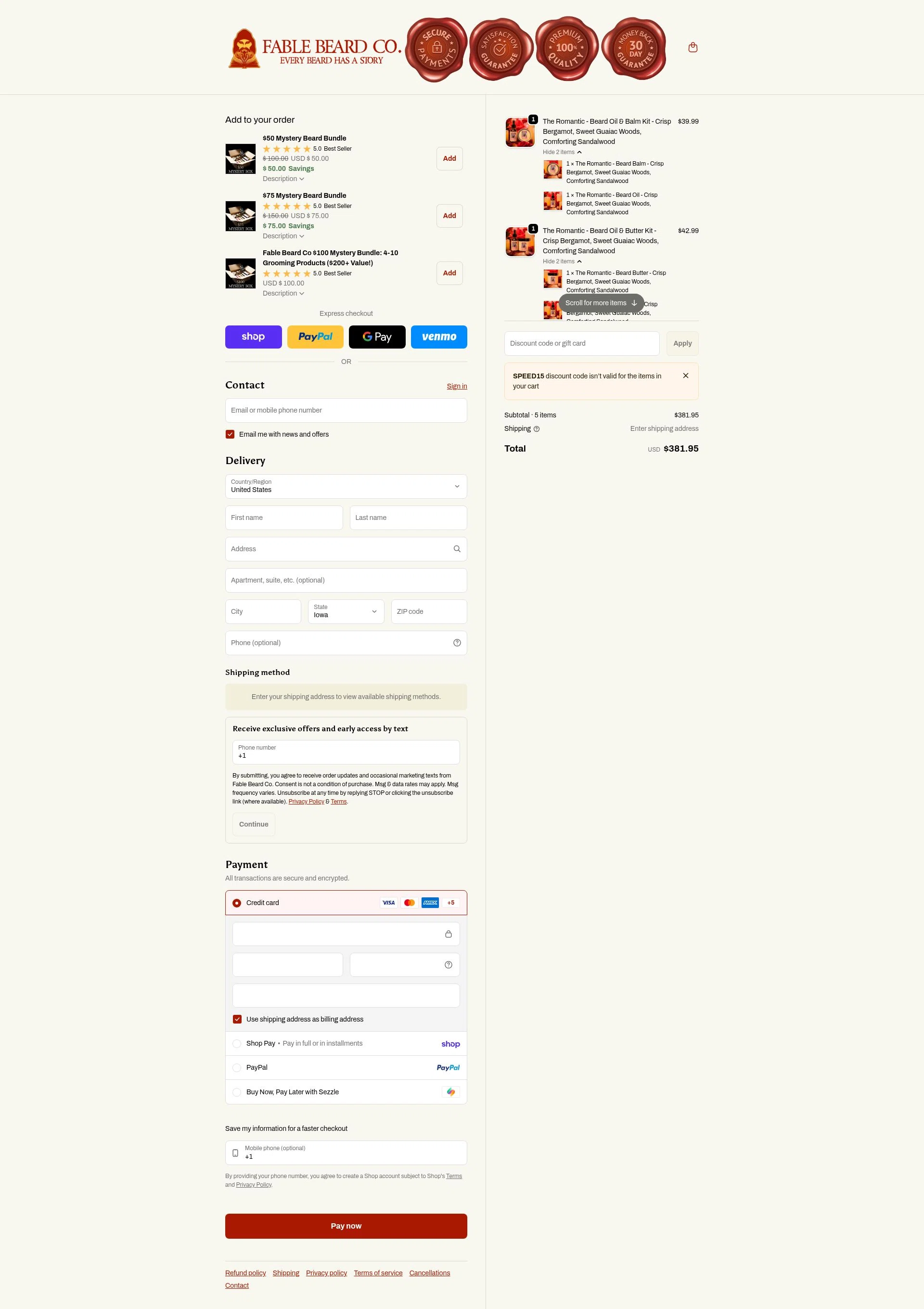 Fable Beard checkout page showing Fable Beard discount code box | Screenshot taken by SimplyCodes community member on Feb 12, 2026