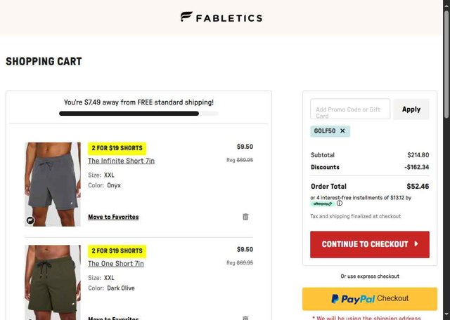 Fabletics checkout page showing Fabletics promo code box | Screenshot taken by SimplyCodes community member on Aug 21, 2025