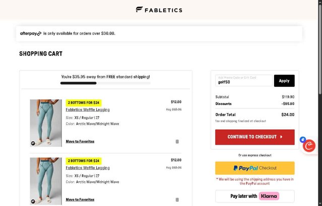 Fabletics checkout page showing Fabletics promo code box | Screenshot taken by SimplyCodes community member on Aug 25, 2025