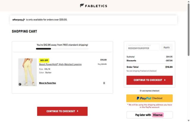 Fabletics checkout page showing Fabletics promo code box | Screenshot taken by SimplyCodes community member on Aug 29, 2025