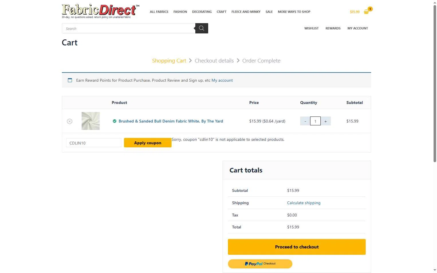 Fabric Direct checkout page showing Fabric Direct coupon code box | Screenshot taken by SimplyCodes community member on Dec 13, 2025