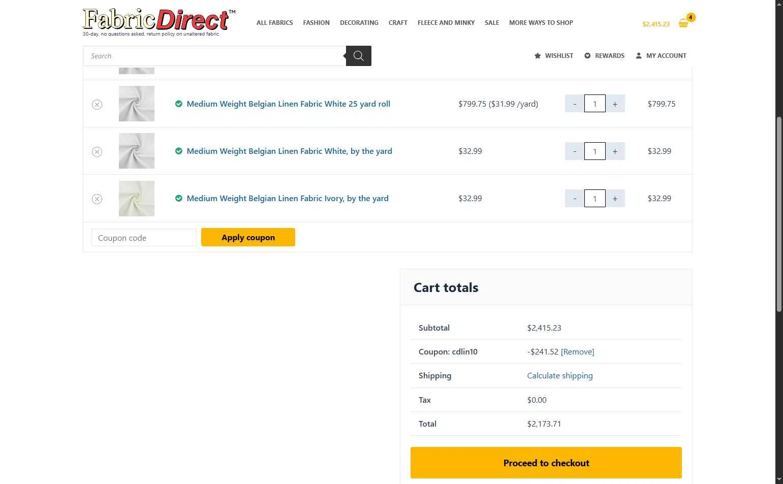Fabric Direct checkout page showing Fabric Direct coupon code box | Screenshot taken by SimplyCodes community member on Jun 9, 2025