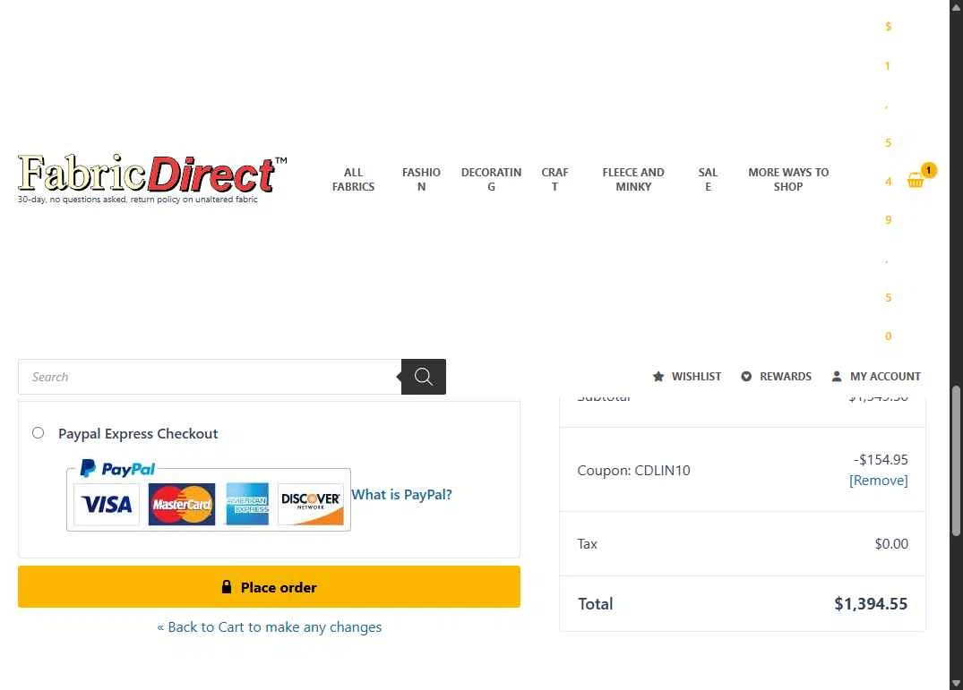 Fabric Direct checkout page showing Fabric Direct coupon code box | Screenshot taken by SimplyCodes community member on Aug 19, 2025