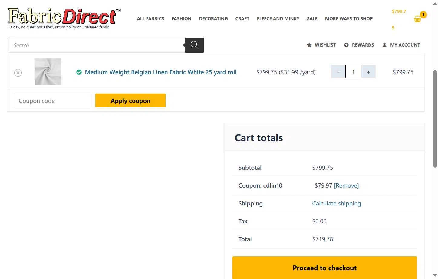 Fabric Direct checkout page showing Fabric Direct coupon code box | Screenshot taken by SimplyCodes community member on Sep 11, 2025