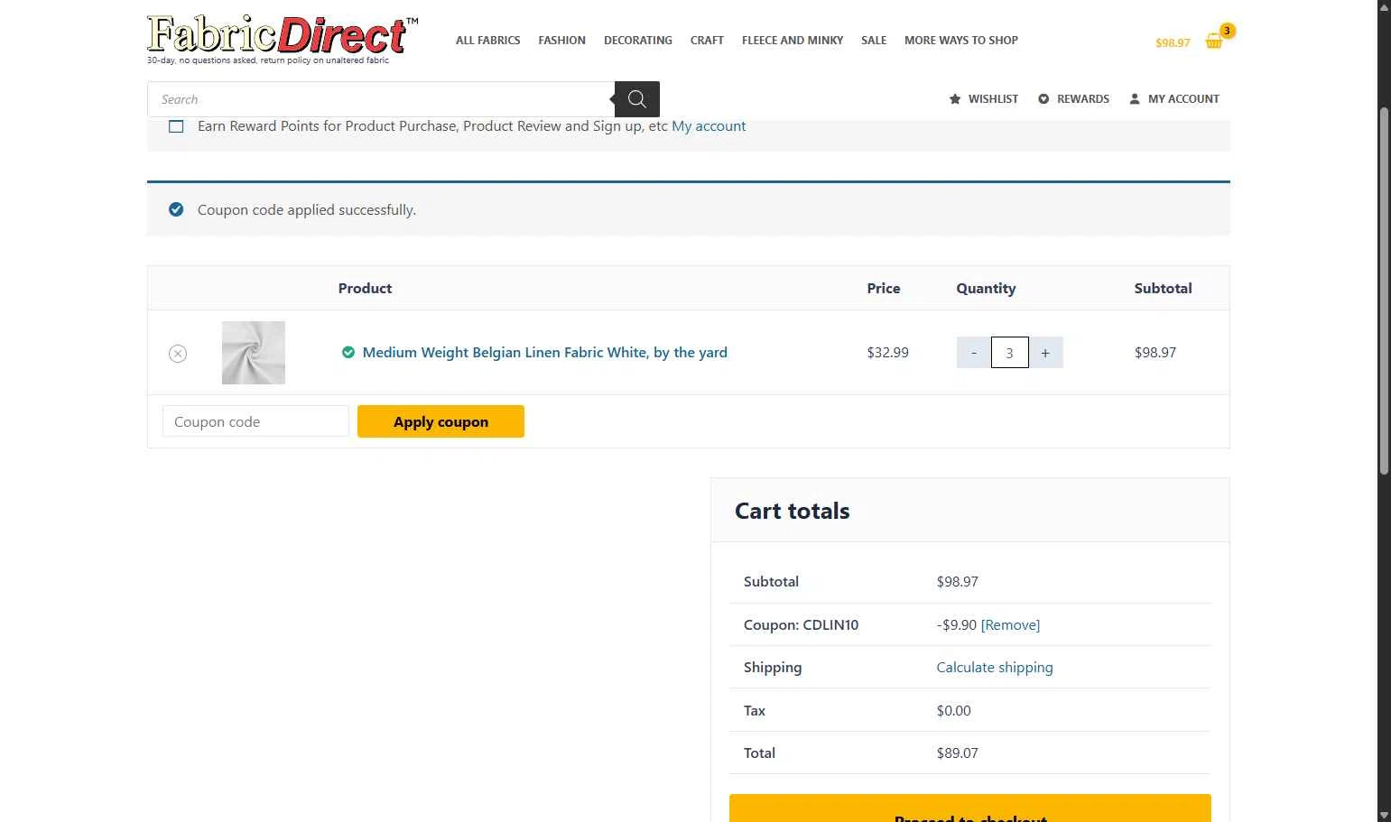Fabric Direct checkout page showing Fabric Direct coupon code box | Screenshot taken by SimplyCodes community member on Aug 23, 2025