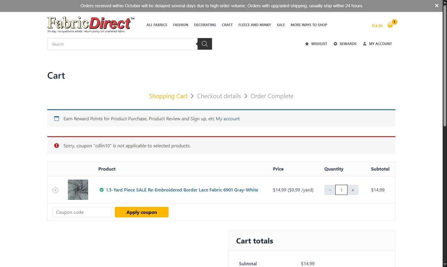 Fabric Direct checkout page showing Fabric Direct coupon code box | Screenshot taken by SimplyCodes community member on Oct 12, 2025