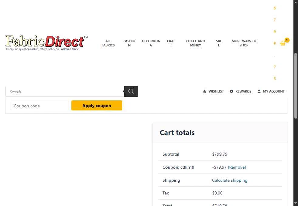 Fabric Direct checkout page showing Fabric Direct coupon code box | Screenshot taken by SimplyCodes community member on Jun 9, 2025