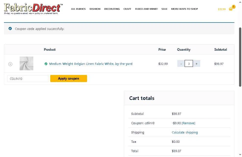 Fabric Direct checkout page showing Fabric Direct coupon code box | Screenshot taken by SimplyCodes community member on Jun 9, 2025