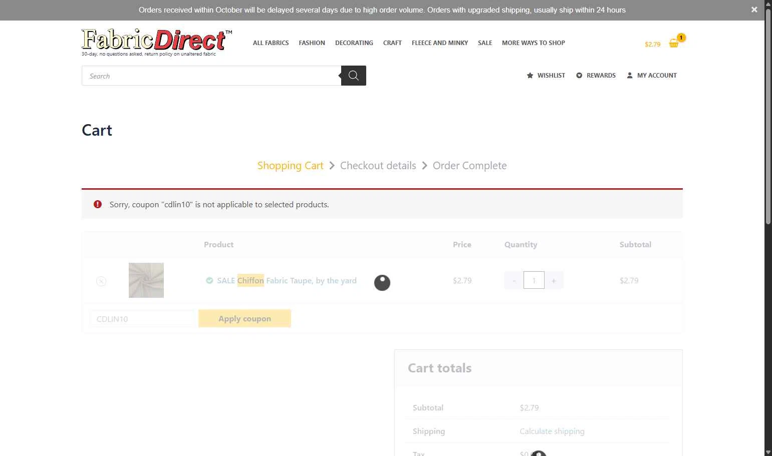 Fabric Direct checkout page showing Fabric Direct coupon code box | Screenshot taken by SimplyCodes community member on Oct 12, 2025