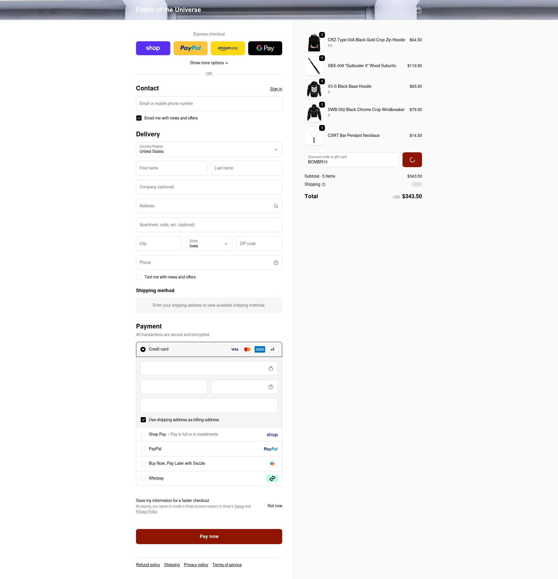 Fabric of the Universe checkout page showing Fabric of the Universe discount code box | Screenshot taken by SimplyCodes community member on Feb 19, 2026