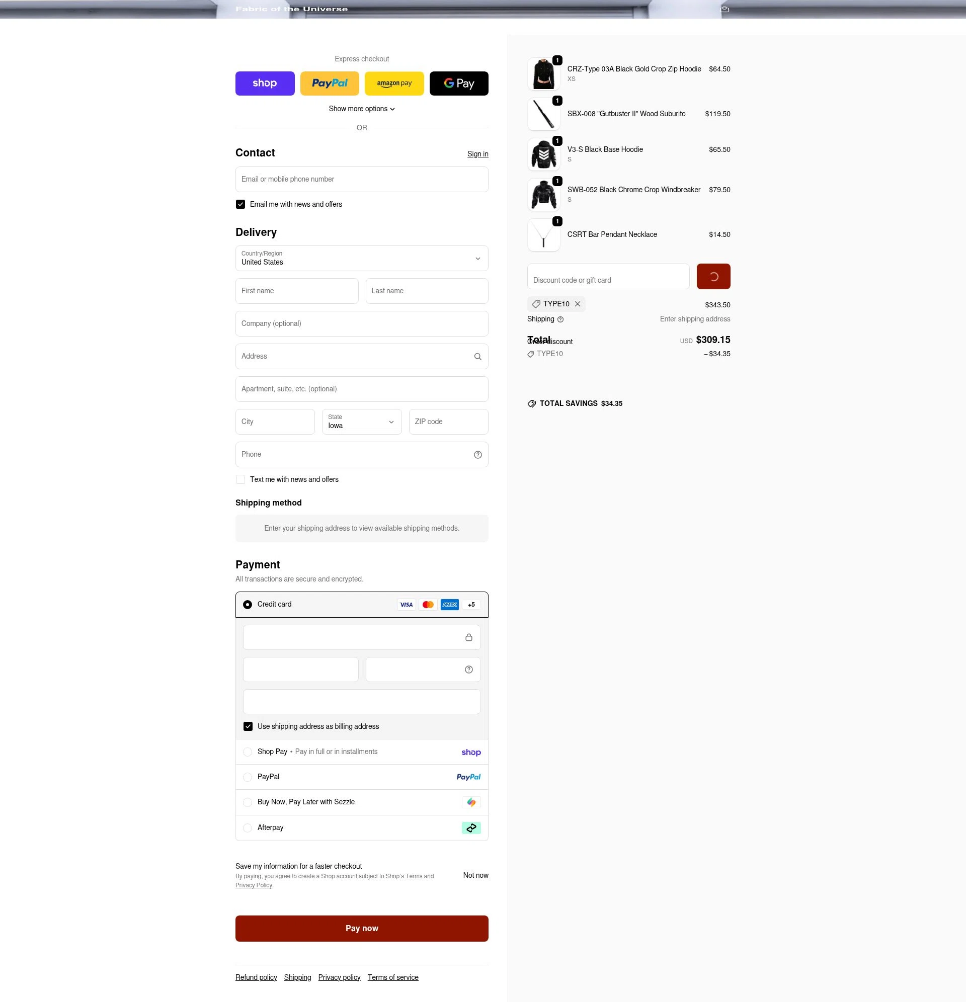 Fabric of the Universe checkout page showing Fabric of the Universe discount code box | Screenshot taken by SimplyCodes community member on Feb 19, 2026