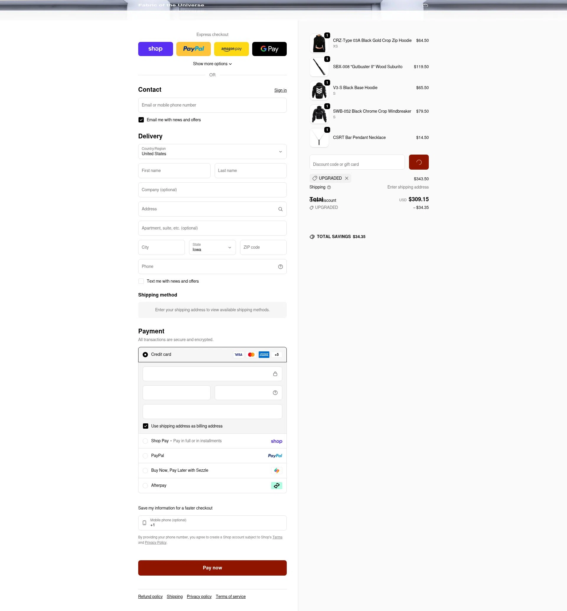 Fabric of the Universe checkout page showing Fabric of the Universe discount code box | Screenshot taken by SimplyCodes community member on Feb 19, 2026