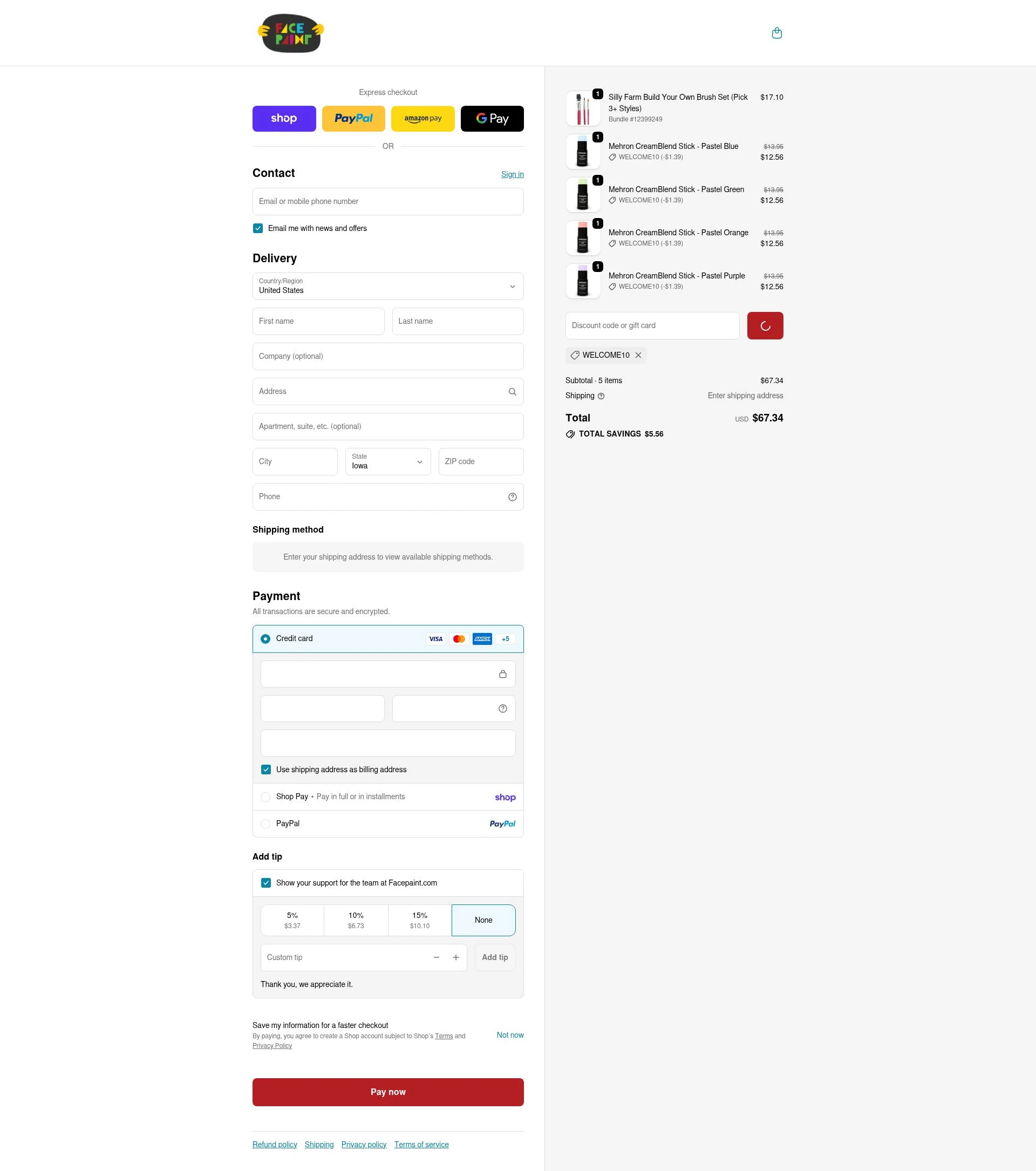 Face Paint Supplies checkout page showing Face Paint Supplies promo code box | Screenshot taken by SimplyCodes community member on Feb 16, 2026