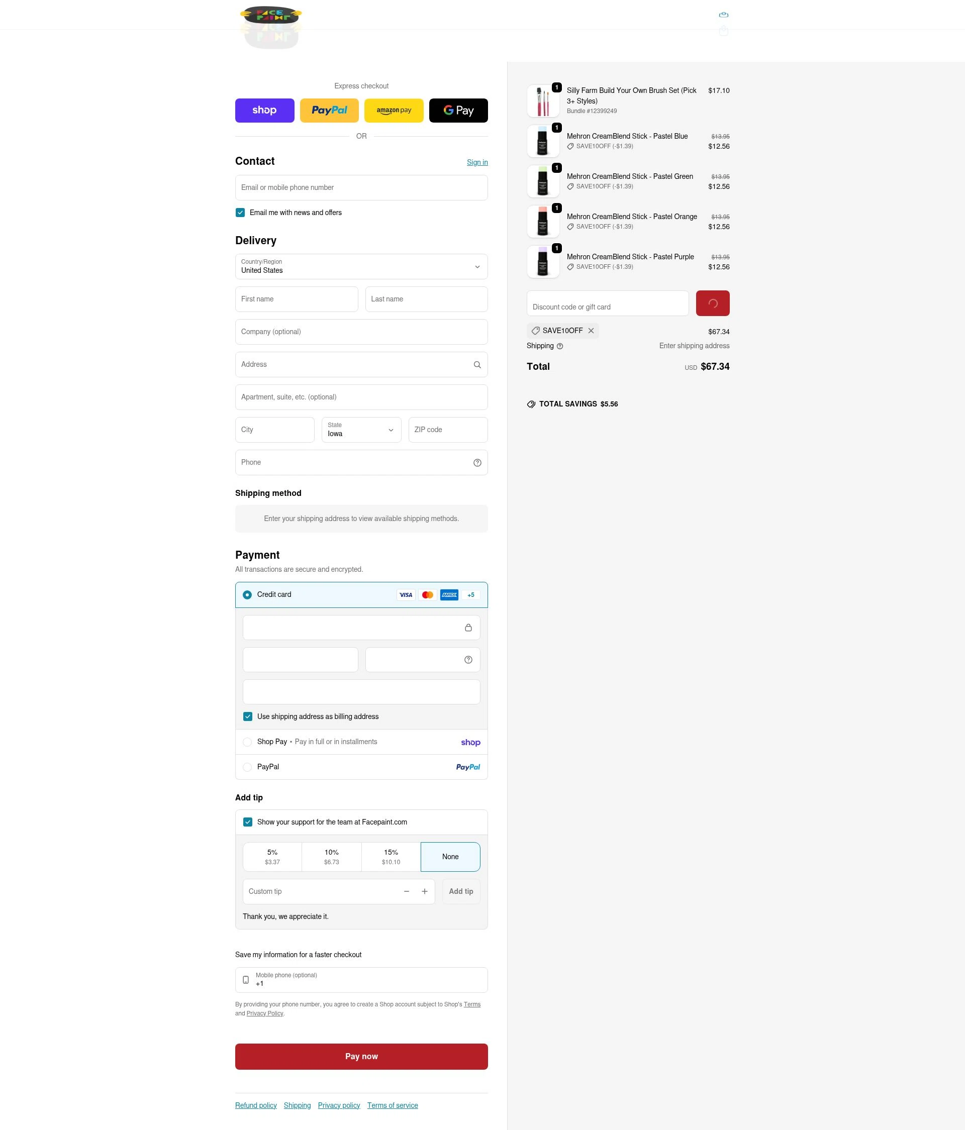 Face Paint Supplies checkout page showing Face Paint Supplies promo code box | Screenshot taken by SimplyCodes community member on Feb 16, 2026