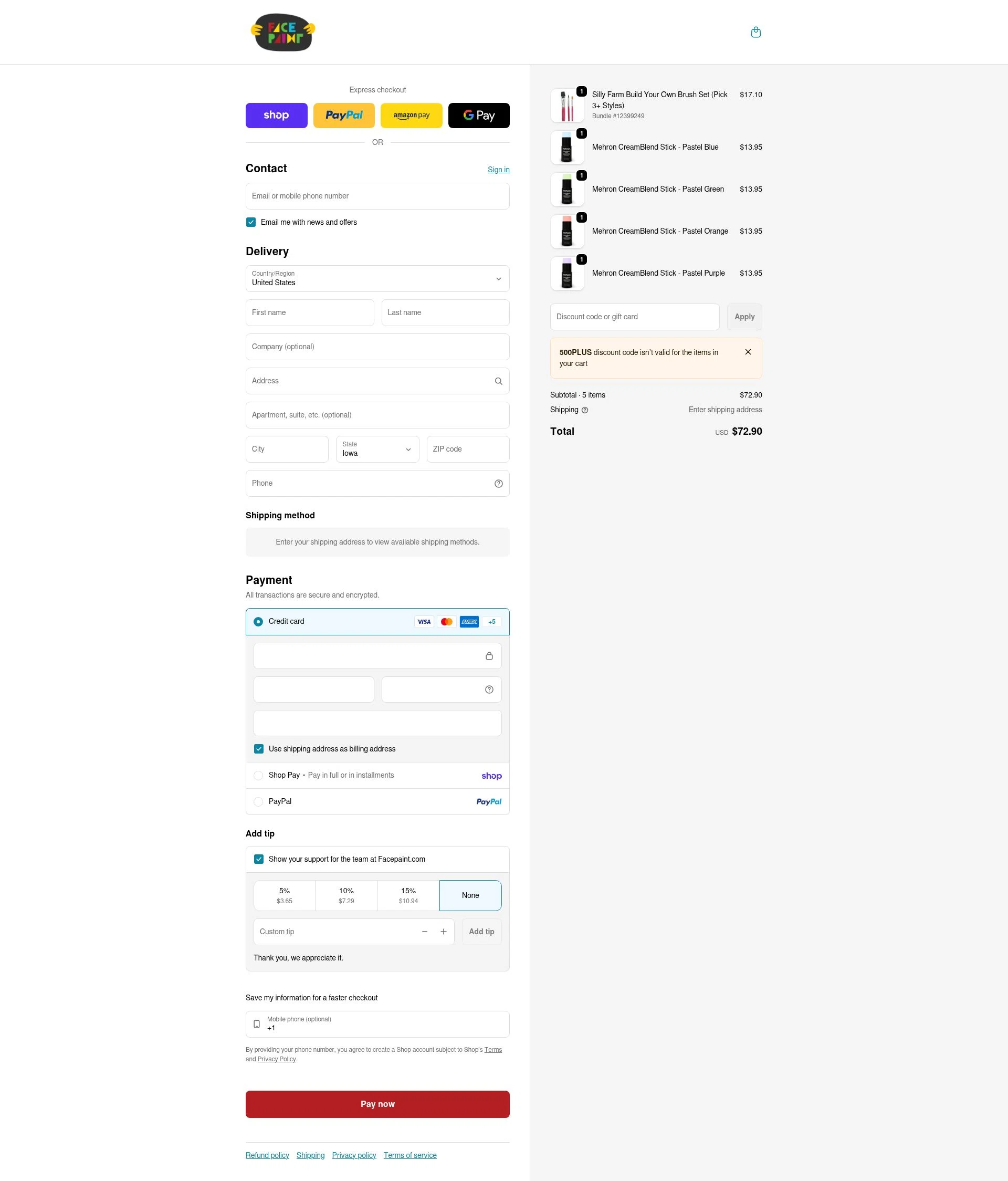 Face Paint Supplies checkout page showing Face Paint Supplies promo code box | Screenshot taken by SimplyCodes community member on Feb 16, 2026