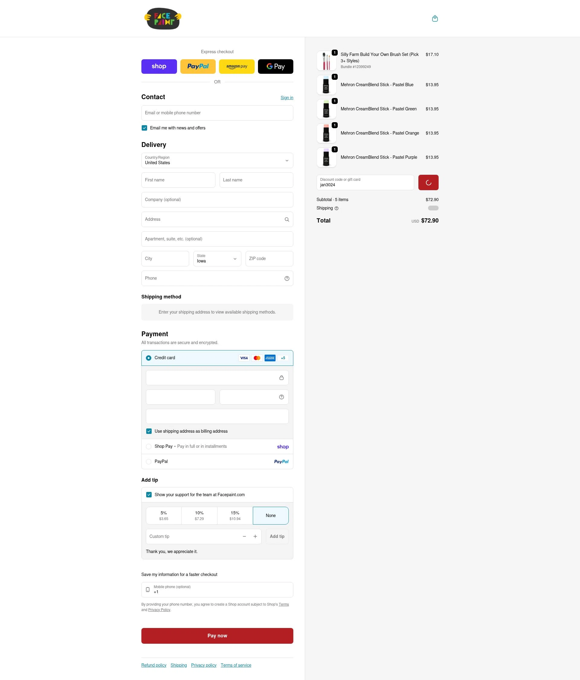 Face Paint Supplies checkout page showing Face Paint Supplies promo code box | Screenshot taken by SimplyCodes community member on Feb 16, 2026