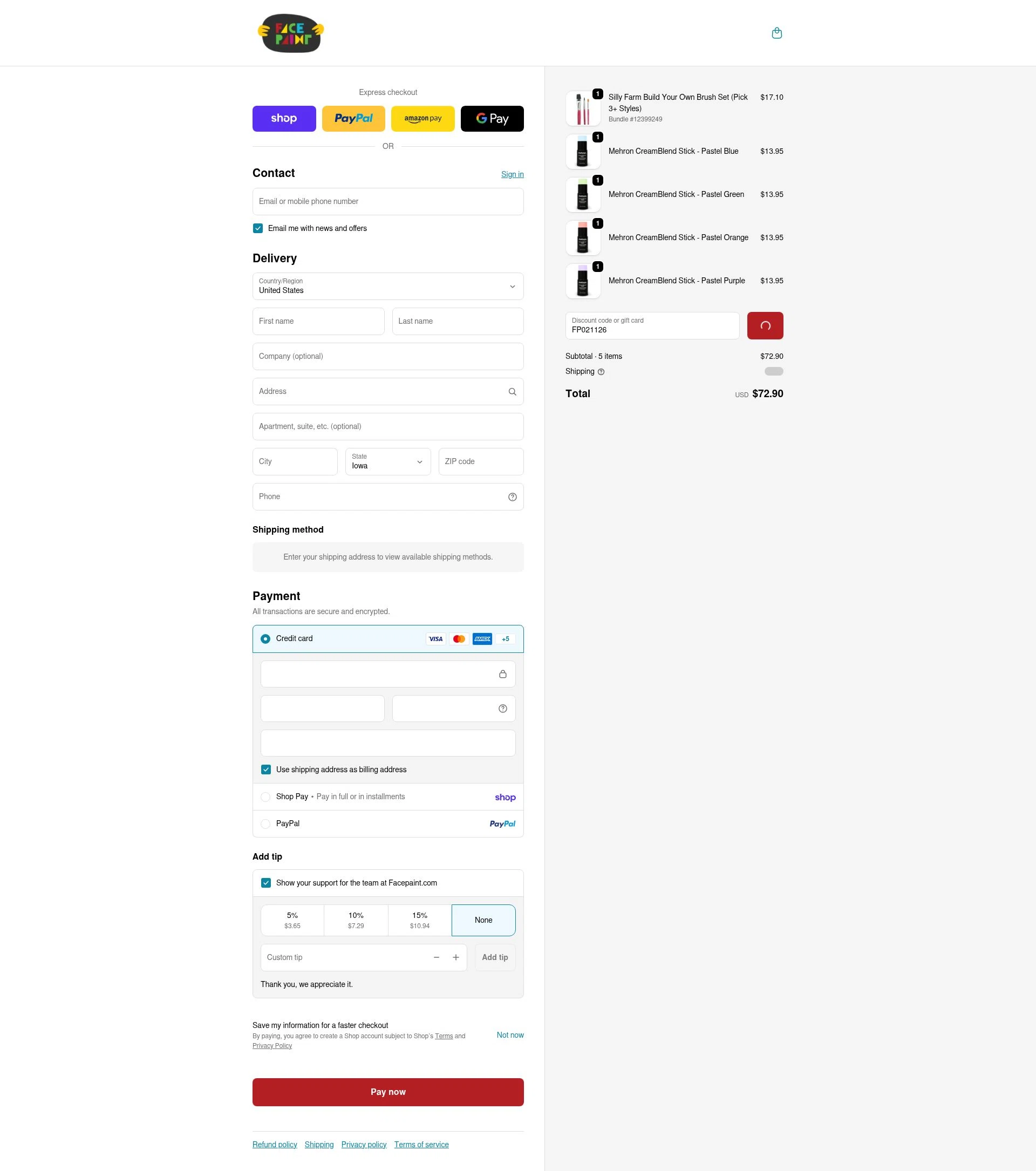 Face Paint Supplies checkout page showing Face Paint Supplies promo code box | Screenshot taken by SimplyCodes community member on Feb 16, 2026