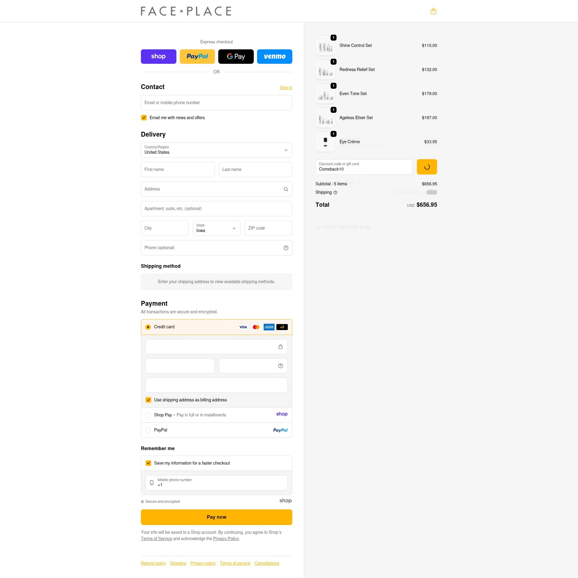 Face Place checkout page showing Face Place promo code box | Screenshot taken by SimplyCodes community member on Dec 24, 2025