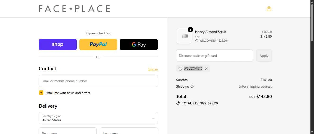Face Place checkout page showing Face Place promo code box | Screenshot taken by SimplyCodes community member on Dec 24, 2025