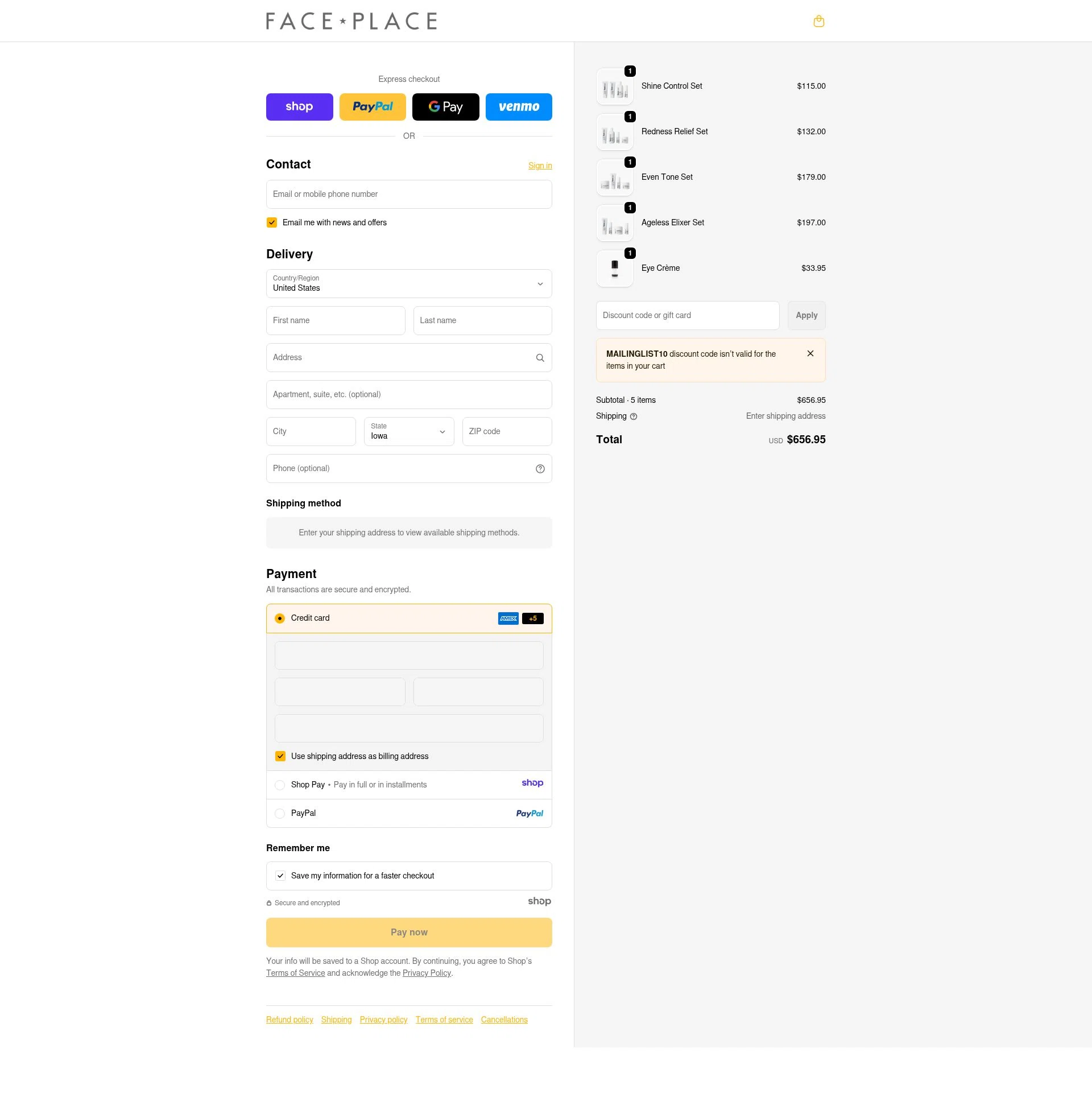 Face Place checkout page showing Face Place promo code box | Screenshot taken by SimplyCodes community member on Dec 24, 2025