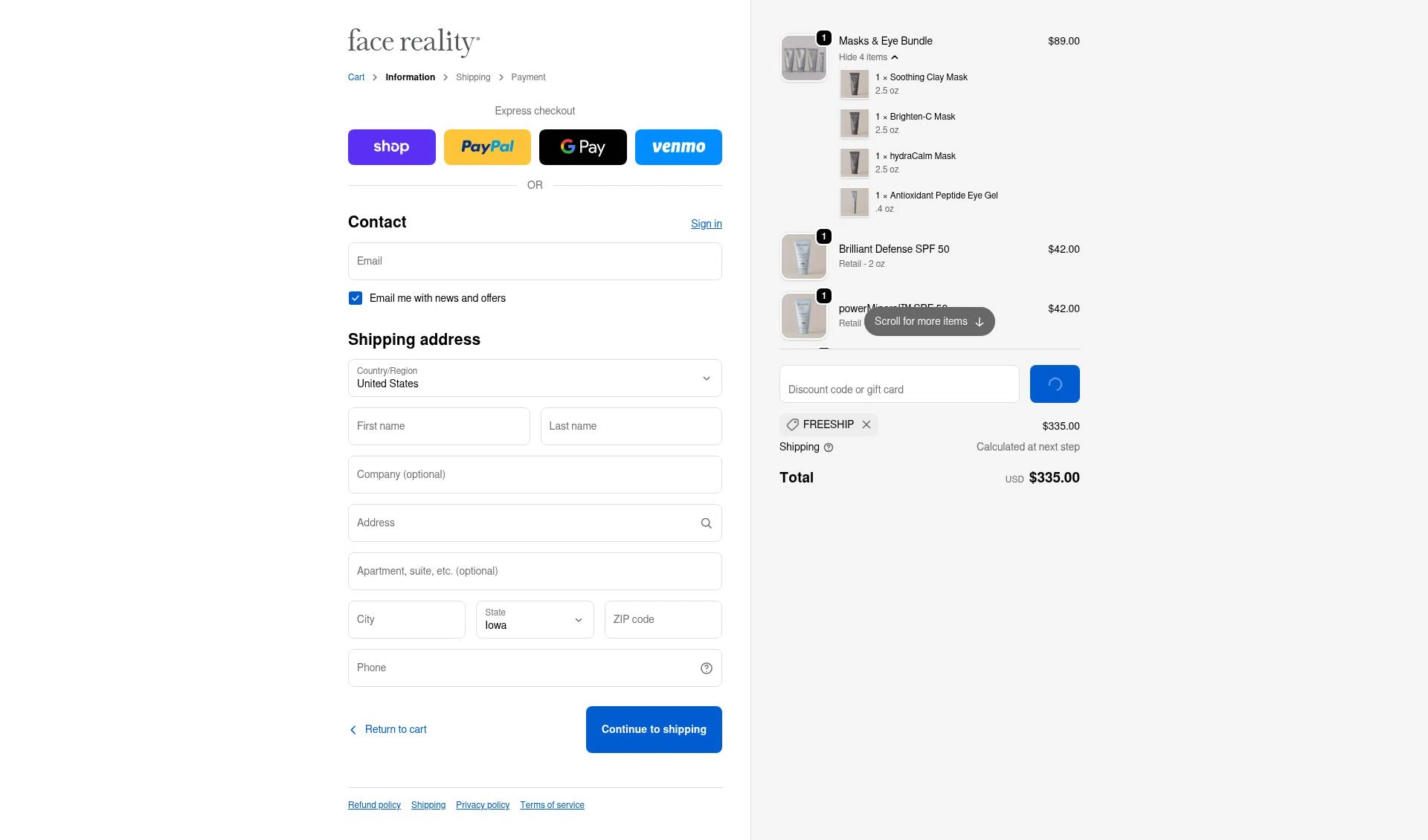 Face Reality Acne Skincare checkout page showing Face Reality Acne Skincare promo code box | Screenshot taken by SimplyCodes community member on Feb 8, 2026