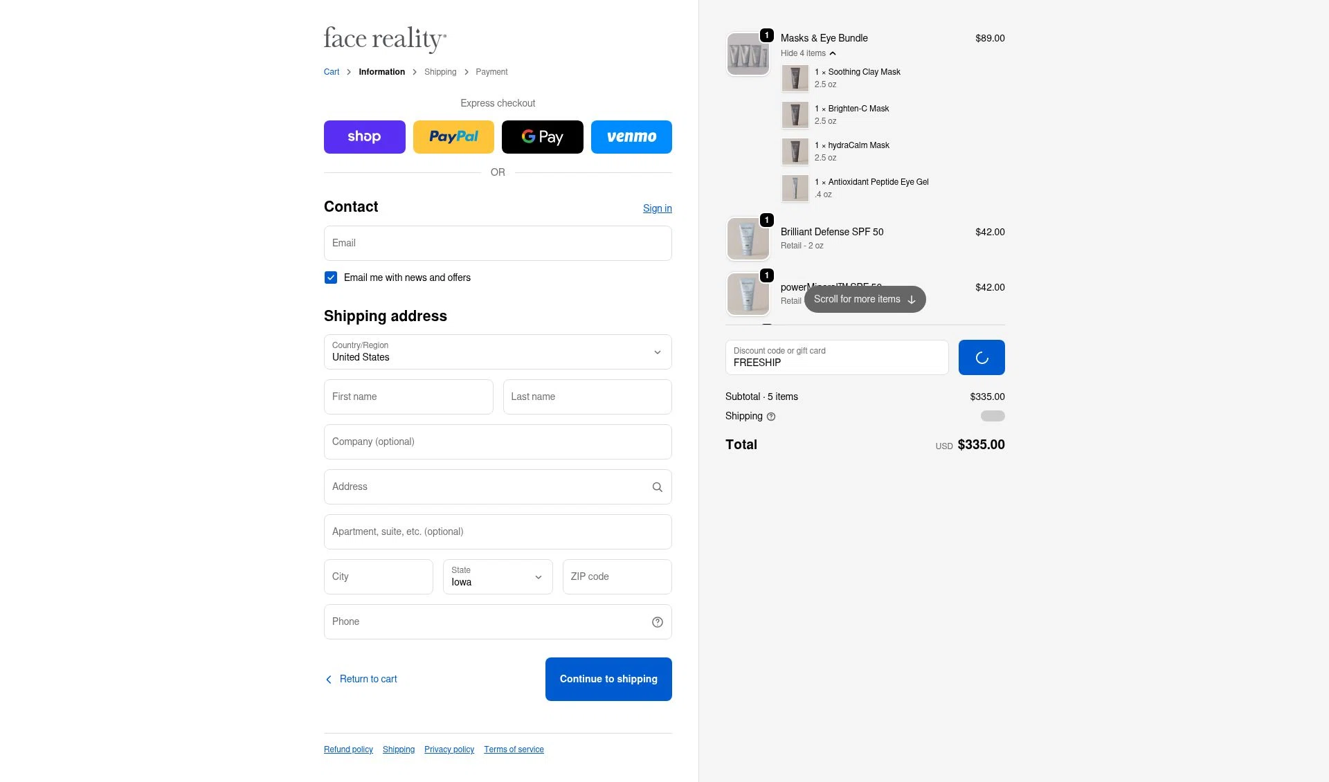Face Reality Acne Skincare checkout page showing Face Reality Acne Skincare promo code box | Screenshot taken by SimplyCodes community member on Feb 17, 2026
