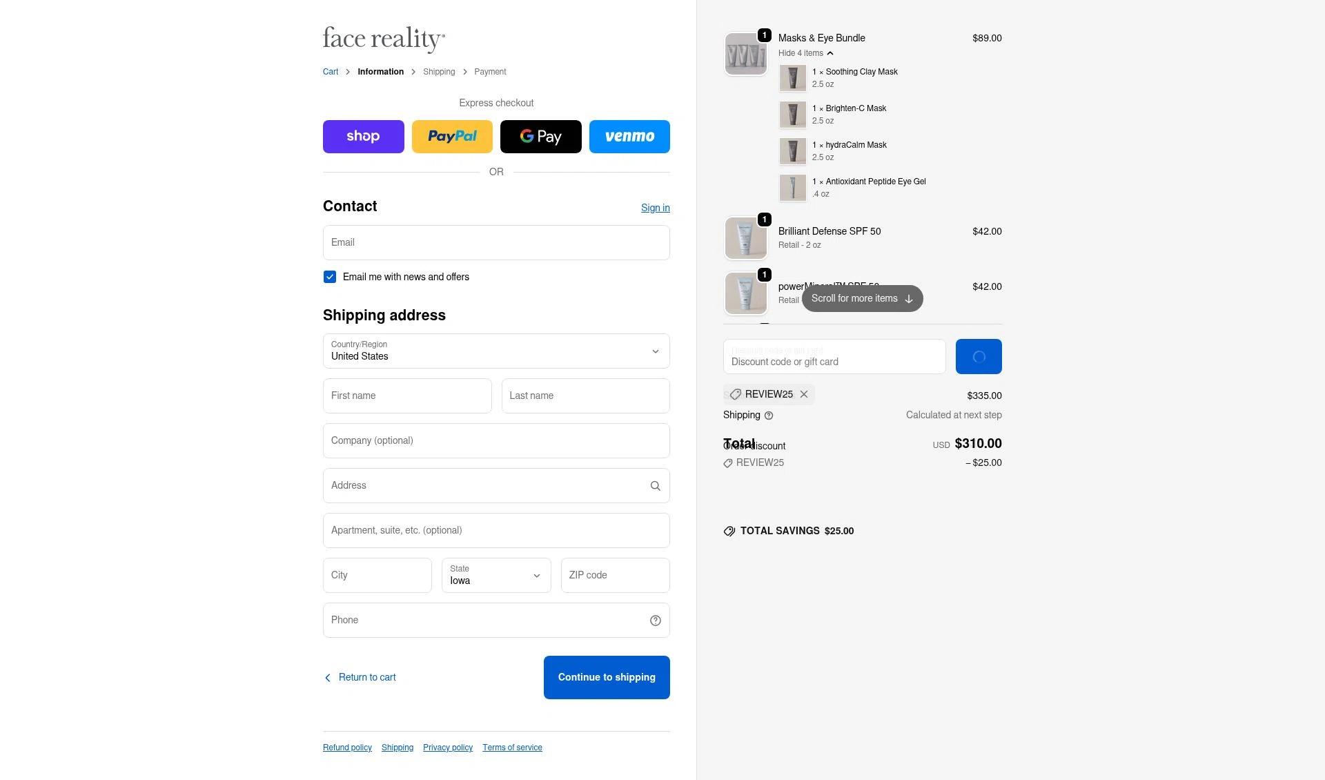 Face Reality Acne Skincare checkout page showing Face Reality Acne Skincare promo code box | Screenshot taken by SimplyCodes community member on Feb 4, 2026