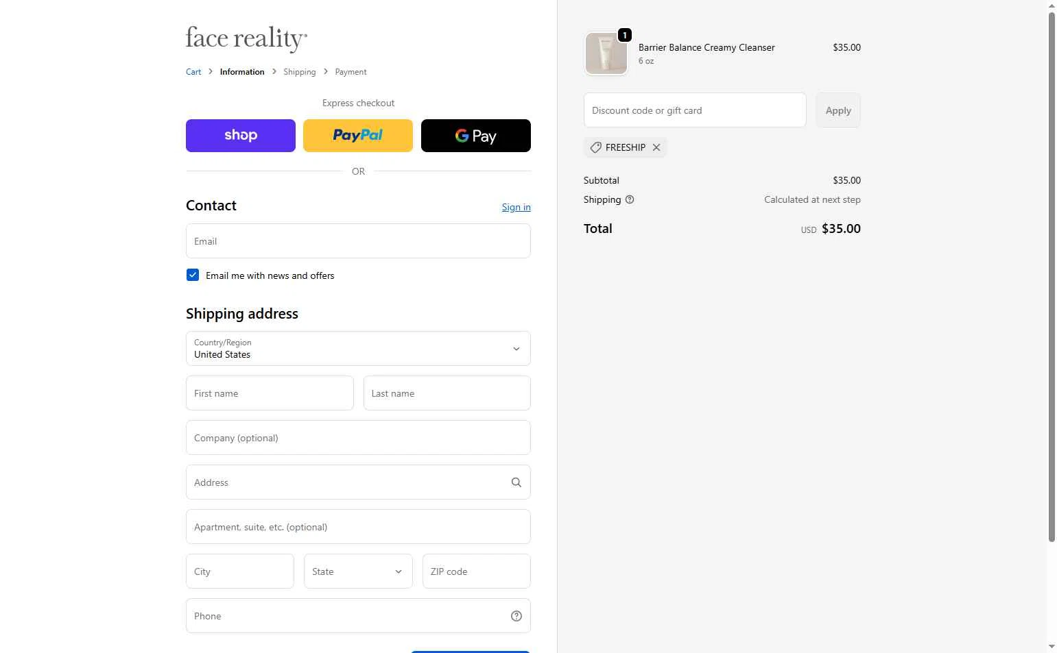 Face Reality Skincare checkout page showing Face Reality Skincare discount code box | Screenshot taken by SimplyCodes community member on Feb 9, 2026