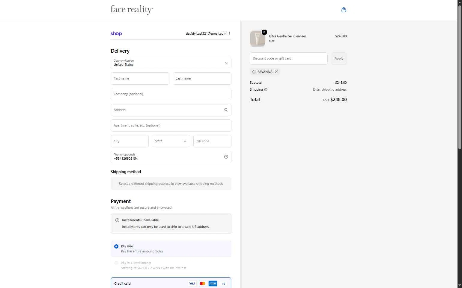 Face Reality Skincare checkout page showing Face Reality Skincare discount code box | Screenshot taken by SimplyCodes community member on Feb 8, 2026