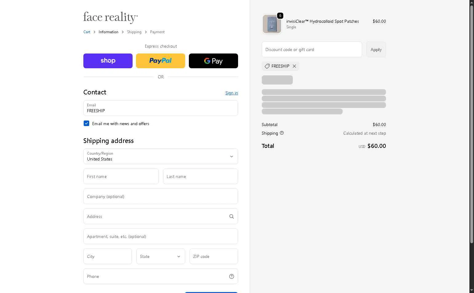Face Reality Skincare checkout page showing Face Reality Skincare discount code box | Screenshot taken by SimplyCodes community member on Feb 16, 2026