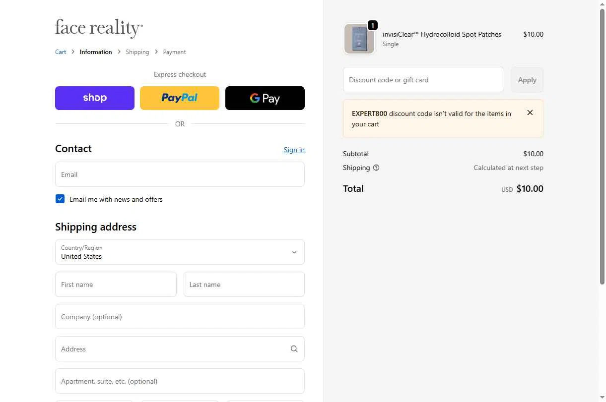 Face Reality Skincare checkout page showing Face Reality Skincare discount code box | Screenshot taken by SimplyCodes community member on Feb 9, 2026