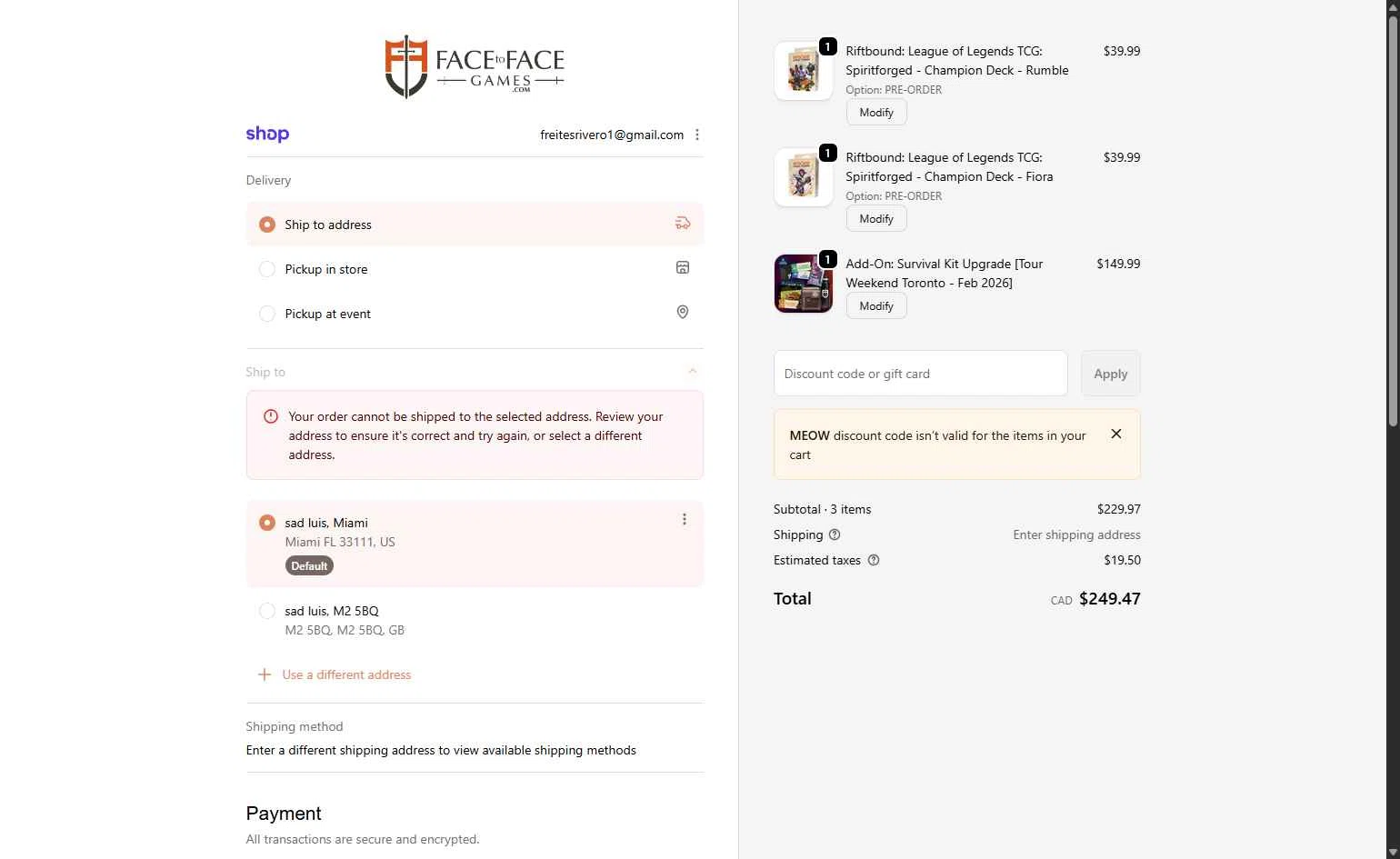 FacetoFacegames.com checkout page showing FacetoFacegames.com promo code box | Screenshot taken by SimplyCodes community member on Feb 5, 2026