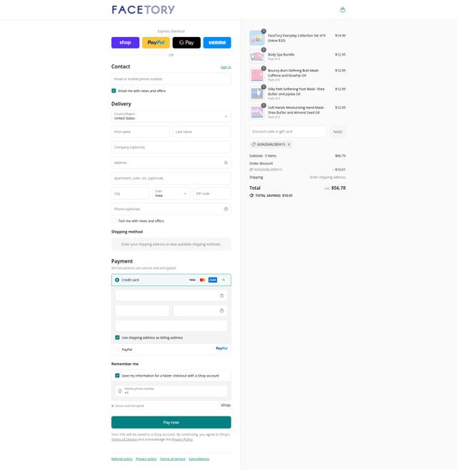 FaceTory checkout page showing FaceTory promo code box | Screenshot taken by SimplyCodes community member on Sep 12, 2025
