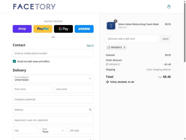 FaceTory checkout page showing FaceTory promo code box | Screenshot taken by SimplyCodes community member on Sep 12, 2025