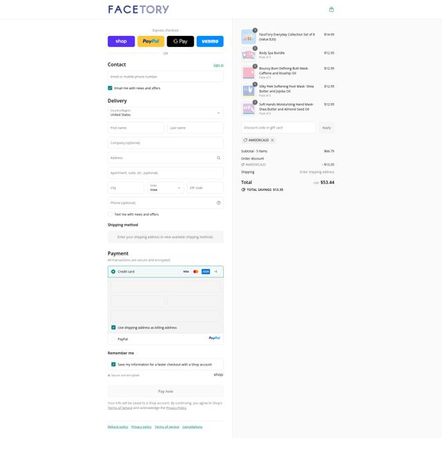 FaceTory checkout page showing FaceTory promo code box | Screenshot taken by SimplyCodes community member on Sep 12, 2025